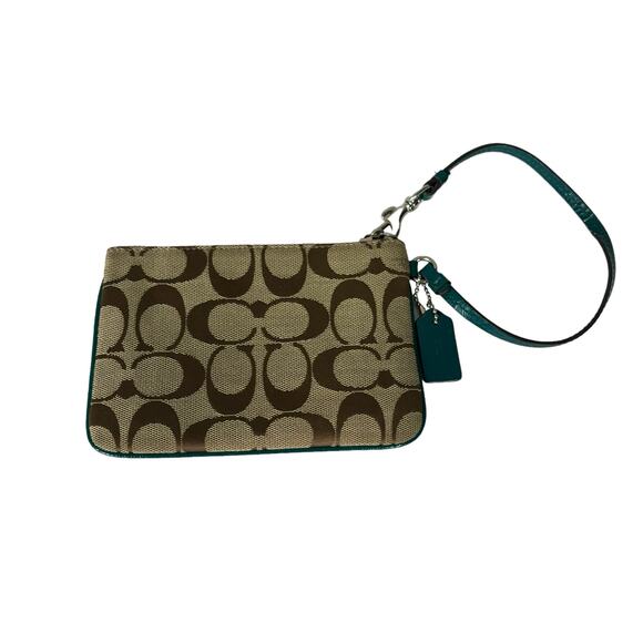 Coach Park Signature Small Wristlet Wallet Tan Jacqaurd Green Lining F51775 - Picture 2 of 13